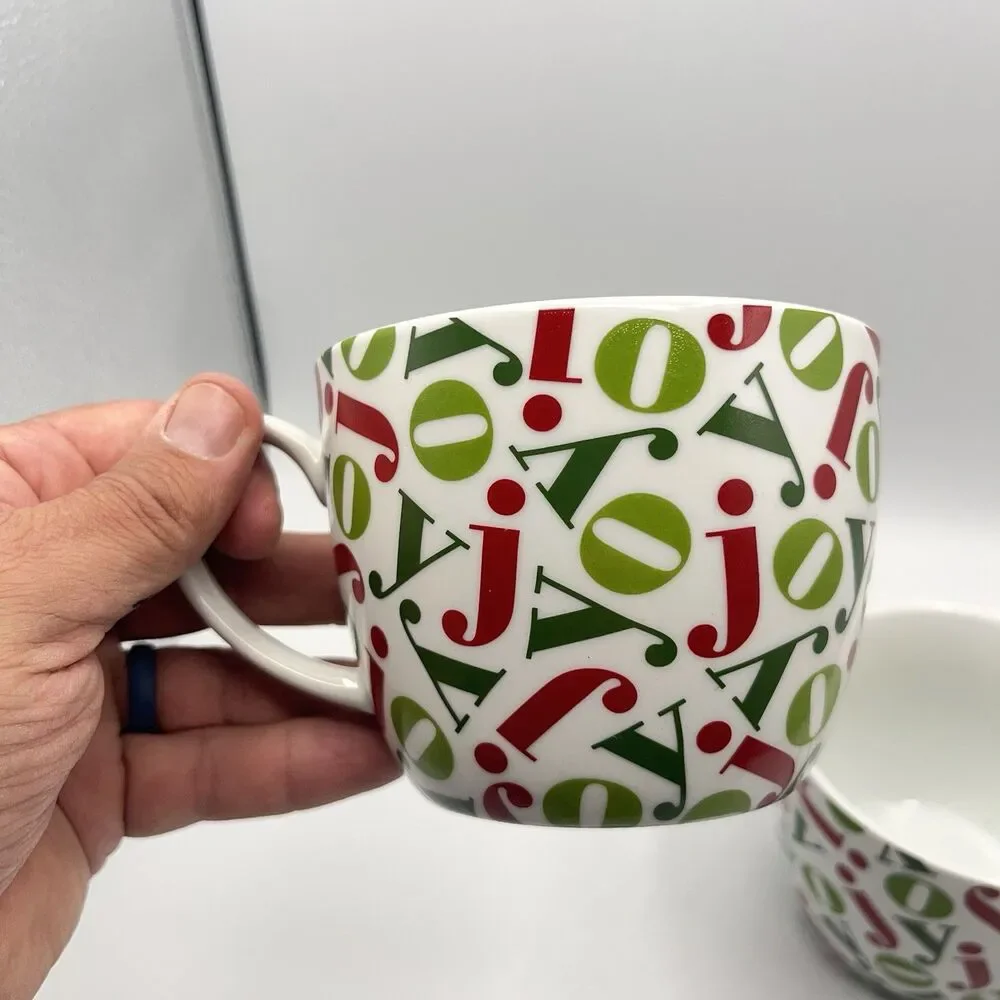 Pair Vintage Crate & Barrel 16oz JOY Mugs Holiday Christmas Red/Green Porcelain